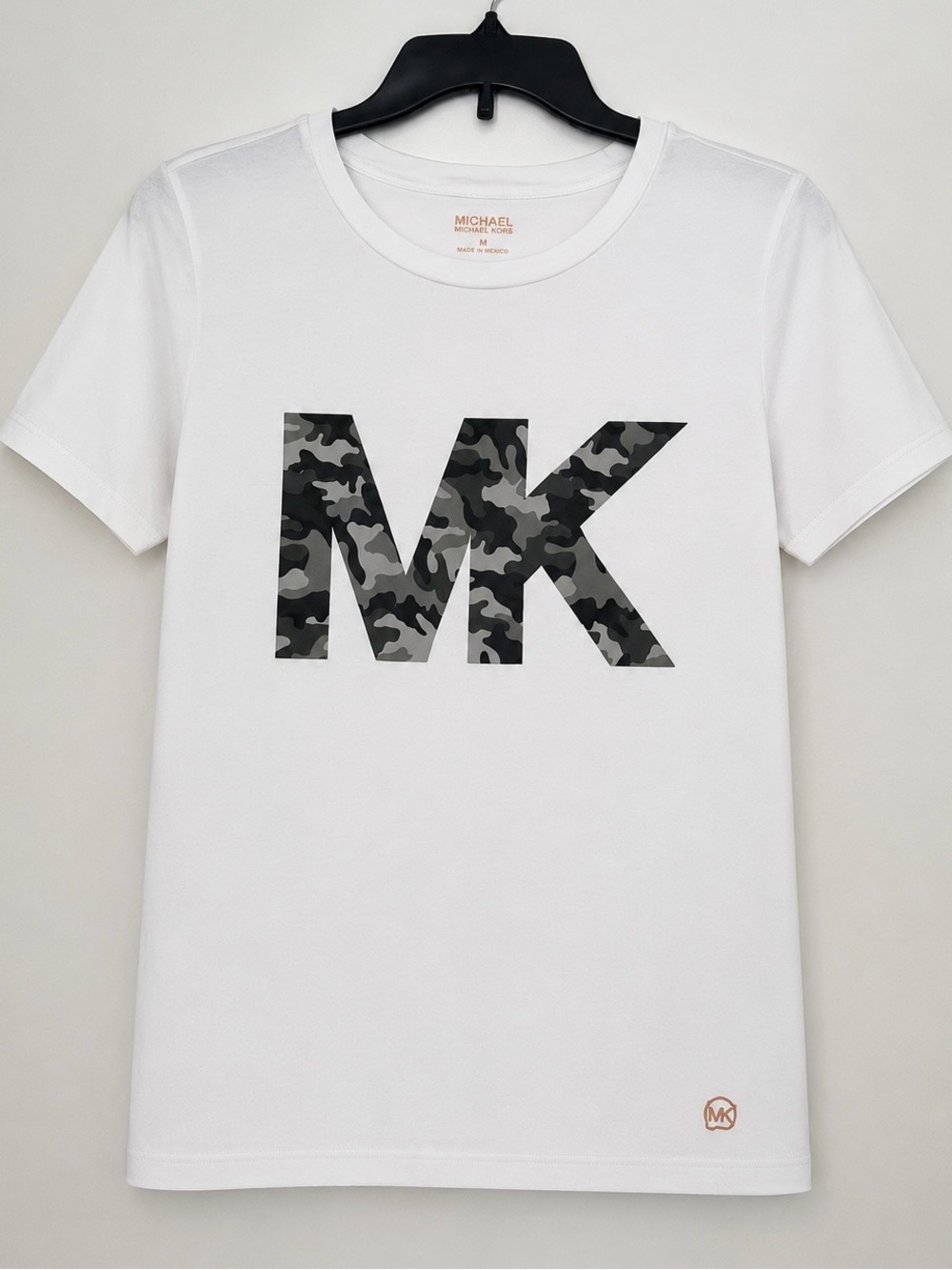 Michael Kors Kids White Tee with Black and Gray Camo MK Logo
